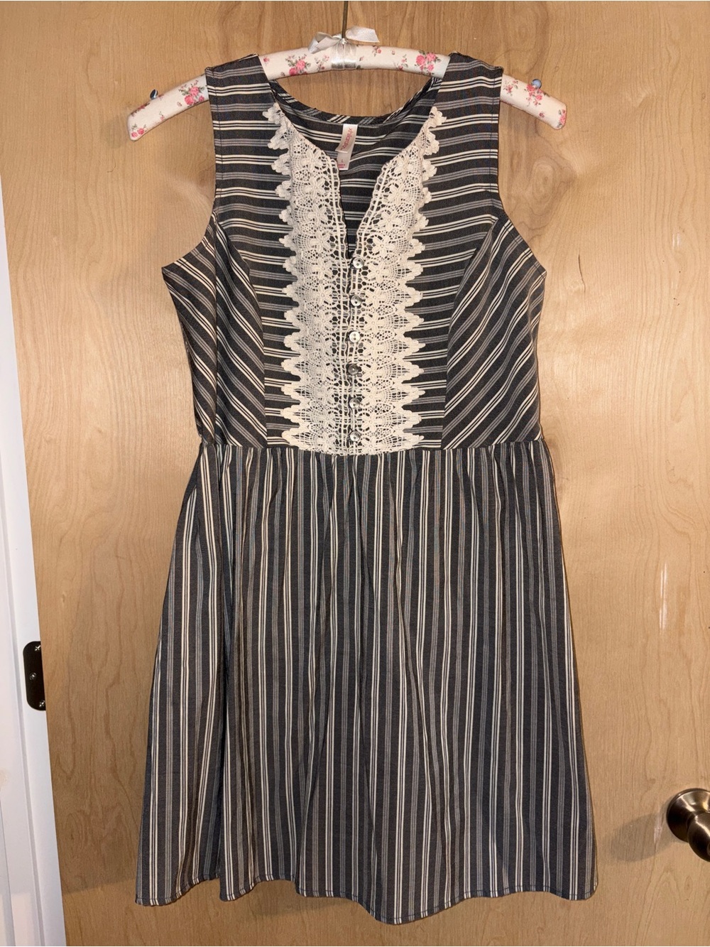 Xhilaration Navy and White Striped Mini Dress with Lace Trim